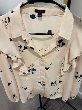 Ann Taylor Cream Blouse with Navy Floral Print and Ruffle Detail
